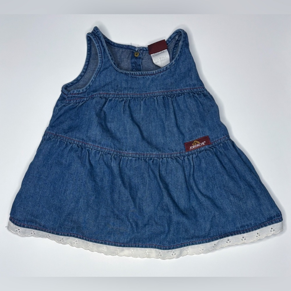Vintage Jordache Blue Chambray Dress 3T White Eyelet Trim Farmhouse Chic Prairie